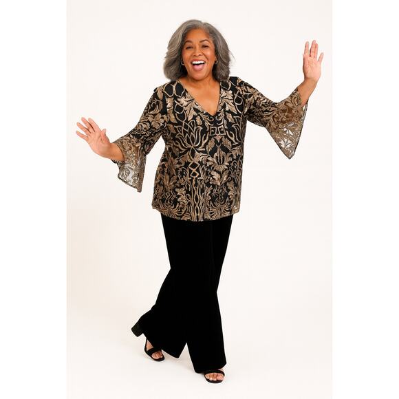 Prelude Black & Gold Metallic Embroidered Top with Bell Sleeves – Size Large - Picture 1 of 9